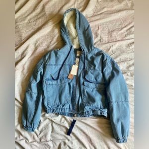 Ashley-Vintage Charm Cropped Denim Hooded Jacket with Sherpa Lined Interior, S